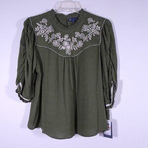 Democracy Embroidered Top Women's Plus Size 2X Green Puff Sleeve Boho Peasant